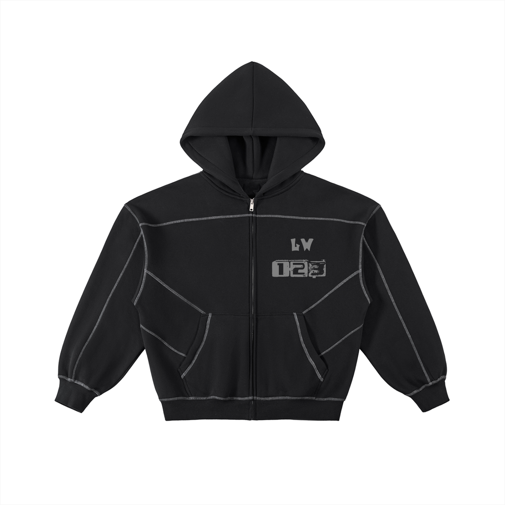 Contrast-Stitched Boxy Fleece Zip Hoodie