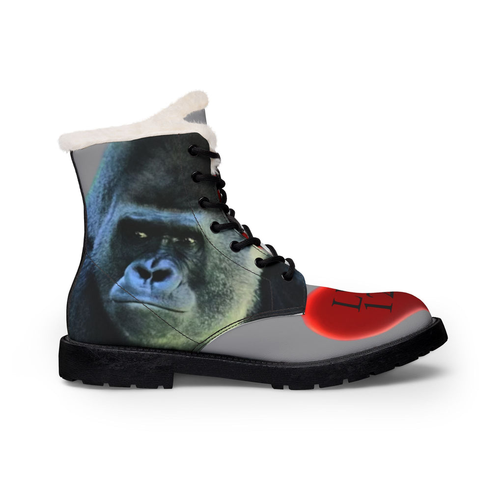 LW 123 Gorilla Print Fur-Lined Leather Boots — Women's Cozy Winter Fashion