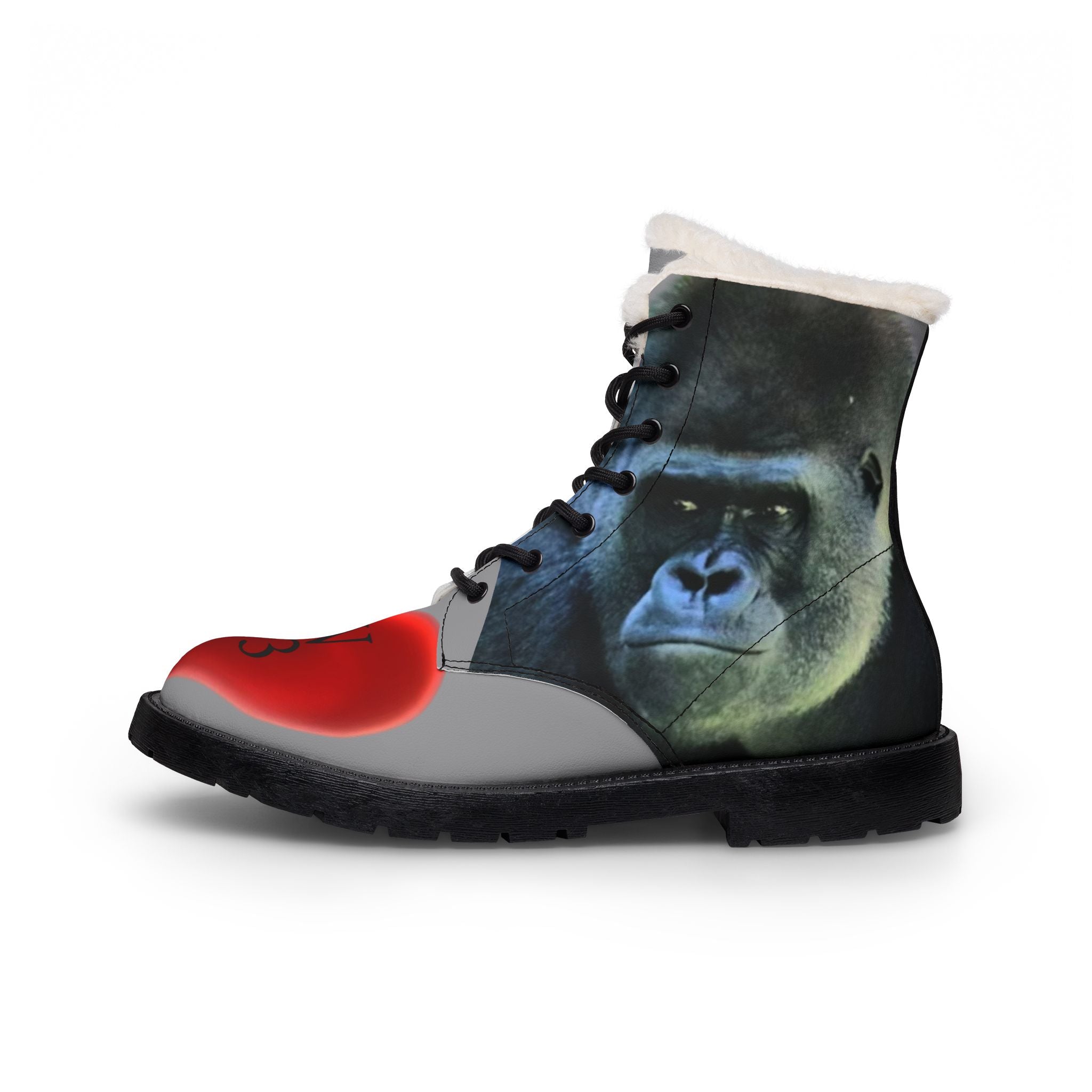 LW 123 Gorilla Print Fur-Lined Leather Boots — Women's Cozy Winter Fashion