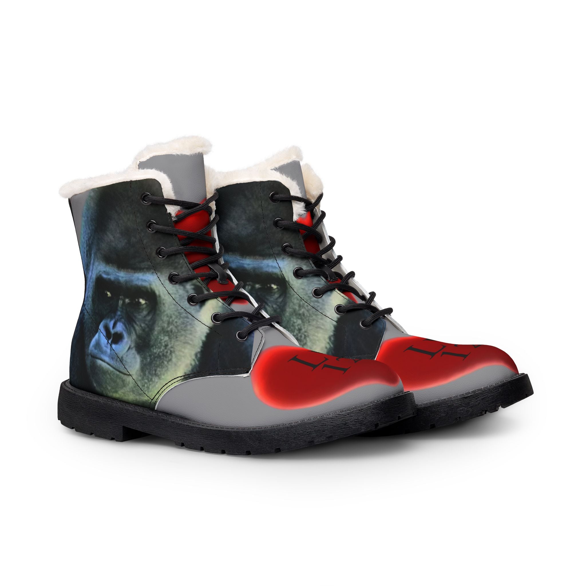 LW 123 Gorilla Print Fur-Lined Leather Boots — Women's Cozy Winter Fashion